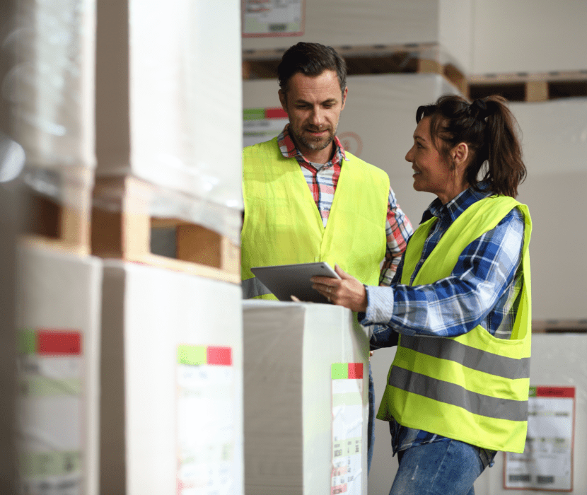 Two co-workers in a warehouse wearing safety vests looking at a tablet. 